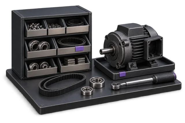 Conceptual illustration: Organised spare-parts drawers, bearings and a serviceable motor on one maintenance bench.