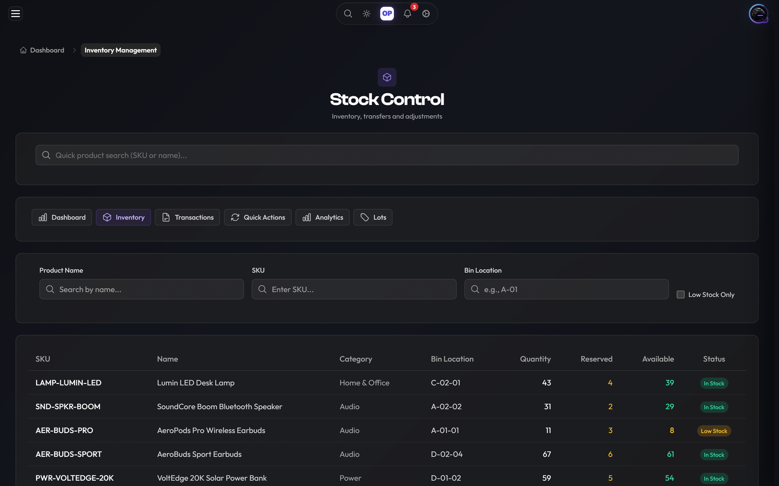 Stock control: Stock by SKU and bin, with quantities, reservations and availability in one view.