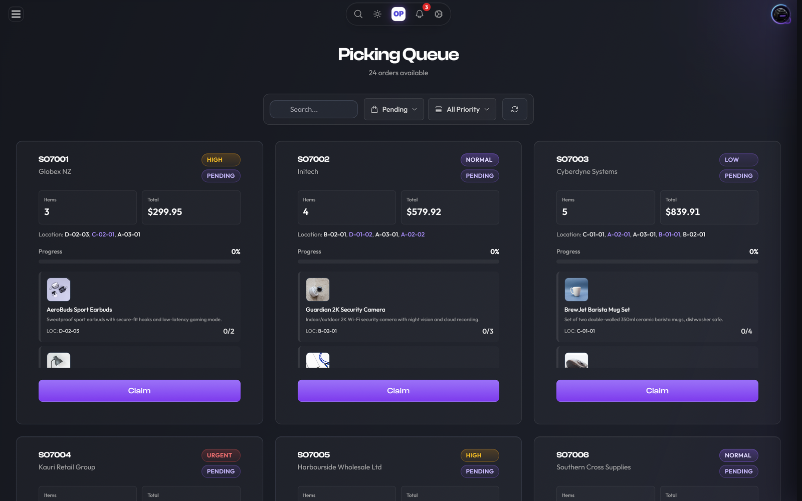 Orders and picking: A picking queue showing order priority, location references, progress and the action to claim a job.